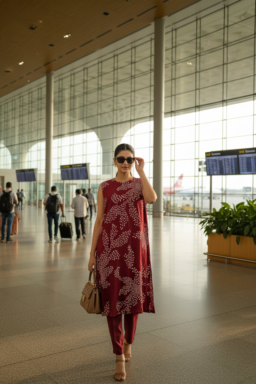 maroon floral sleeve less tunic set